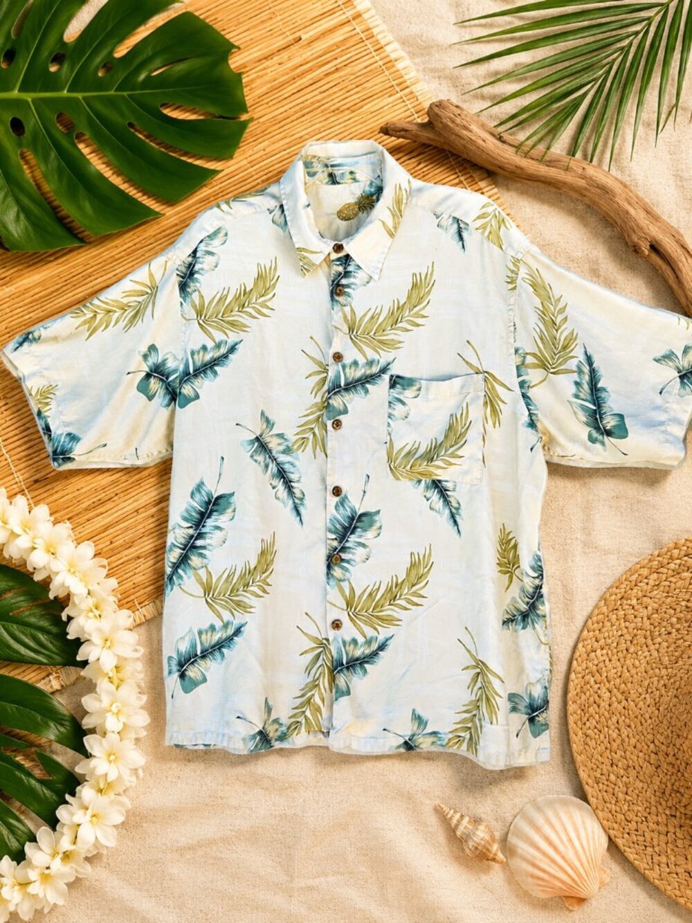Caribbean Men's Button Up Hawaiian Leaf Washable Silk Short Sleeve Shirt - XL